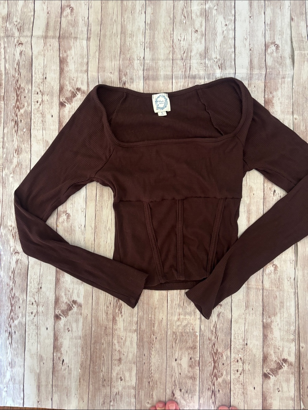 Brown Long Sleeve Square Neck Ribbed Top